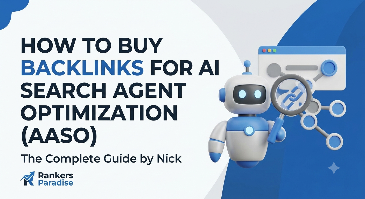 A professional SEO blog header graphic with text reading 'HOW TO BUY BACKLINKS FOR AI SEARCH AGENT OPTIMIZATION (AASO)' and the Rankers Paradise logo.