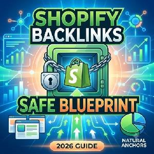 Square featured image for the article 'How to Buy Backlinks for a Shopify Store Safely', showing a secure Shopify vault with the title 'SHOPIFY BACKLINKS: SAFE BLUEPRINT'