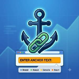 A square 300x300 featured image for a Rankers Paradise blog post, illustrating a stylized secure anchor and a chain link symbol intertwined over an orange-highlighted purchase form input box that reads 'ENTER ANCHOR TEXT:', referencing the safe distribution blueprint seen in image_0.png and image_1.png.