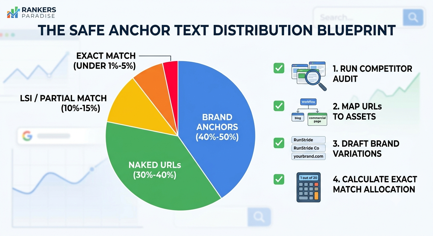 A detailed SEO infographic showing a pie chart of the safe anchor text distribution ratios (Brand, Naked, Generic, Exact Match) next to a 4-step checklist for optimizing anchor text when buying backlinks.