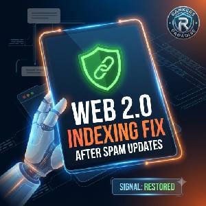 Rankers Paradise square featured image for 'how to fix web 2.0 backlink indexation drops', featuring a robotic arm holding a digital tablet with a glowing indexing shield.