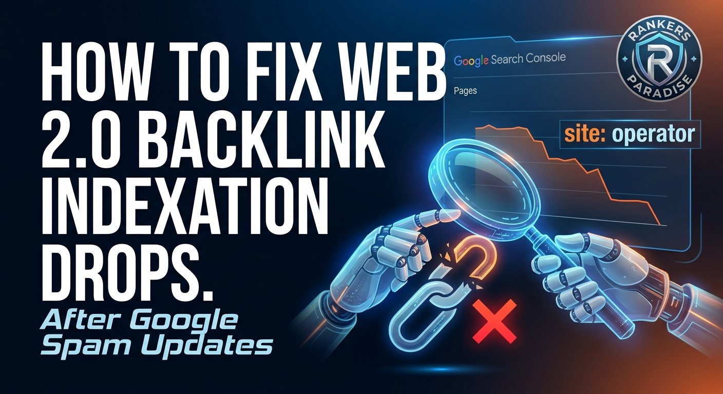 Rankers Paradise header graphic visualizing a broken link, a magnifying glass, and a Google indexing chart for the keyword how to fix web 2.0 backlink indexation drops.