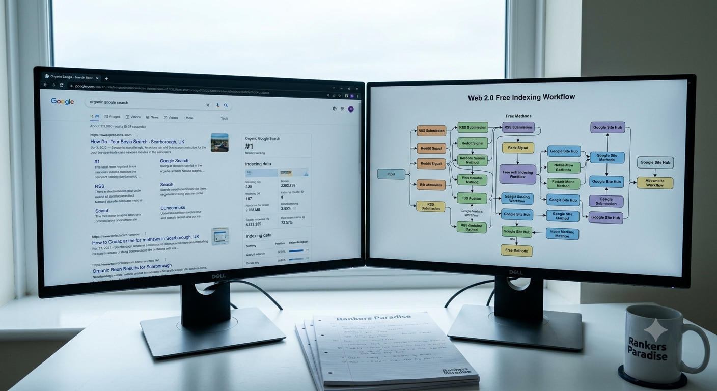A focused SEO office desk in Scarborough overlooking the sea, showing dual screens: one with a #1 Google ranking result and the other displaying a complex, custom workflow diagram labeled 'Web 2.0 Free Indexing Workflow' with multiple nodes, emphasizing manual data analysis.