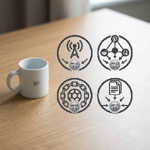 A square 300x300 featured image for a blog post. It shows a micro, stylized overview on a wood desk (matching image_1.png). A small white 'RP' monogram mug sits next to a small, glowing central sphere labeled 'WEB 2.0', which is targeted by four distinct, icon-based paths: RSS Broadcast, Social Connect, Link Wheel, and Document Stack. The lighting is focused and clean, summarizing the free indexing concept at a glance.