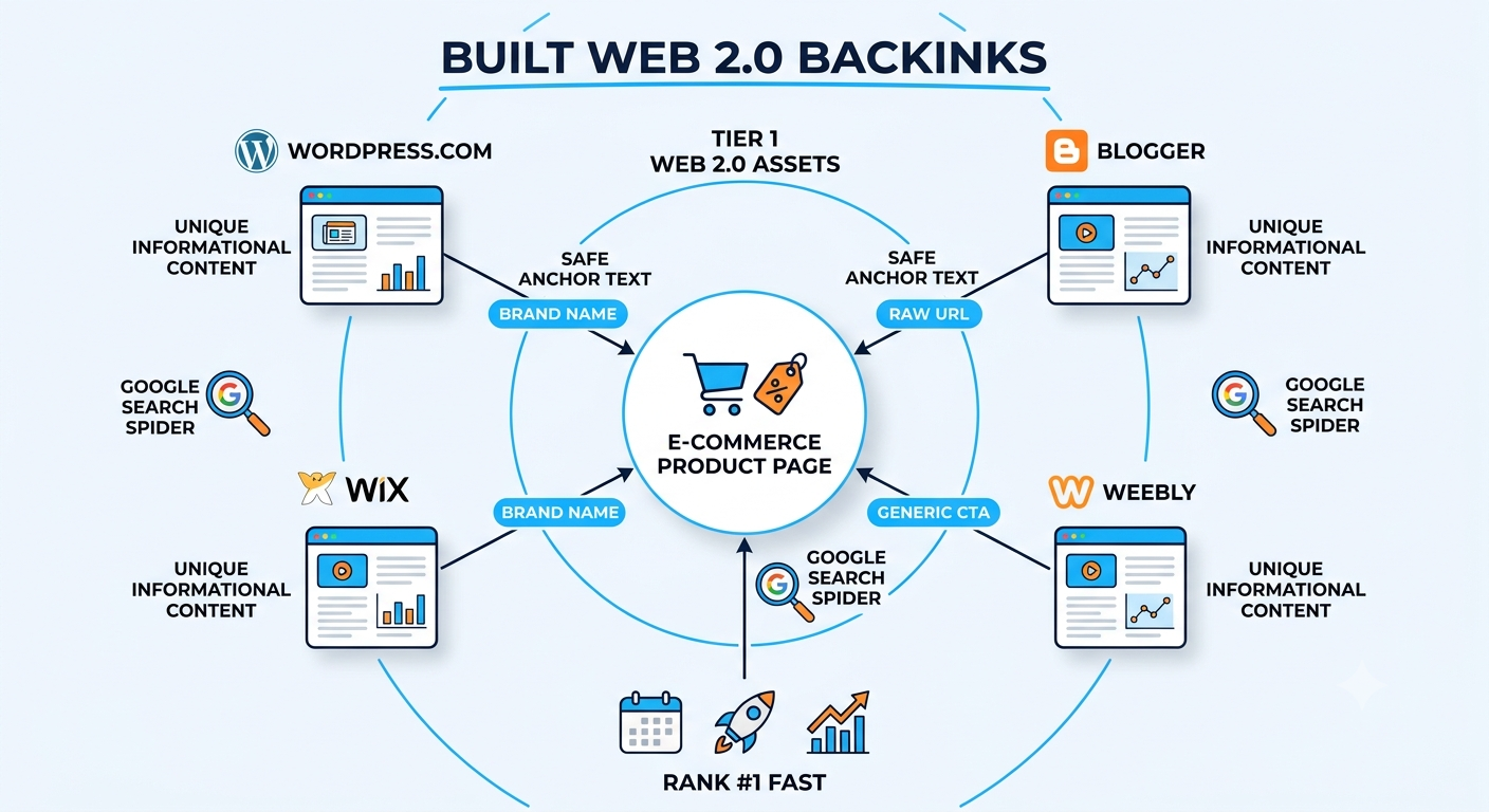 Infographic diagram showing how to safely link Web 2.0 blogs to an e-commerce product page using safe anchor text distribution and unique content.