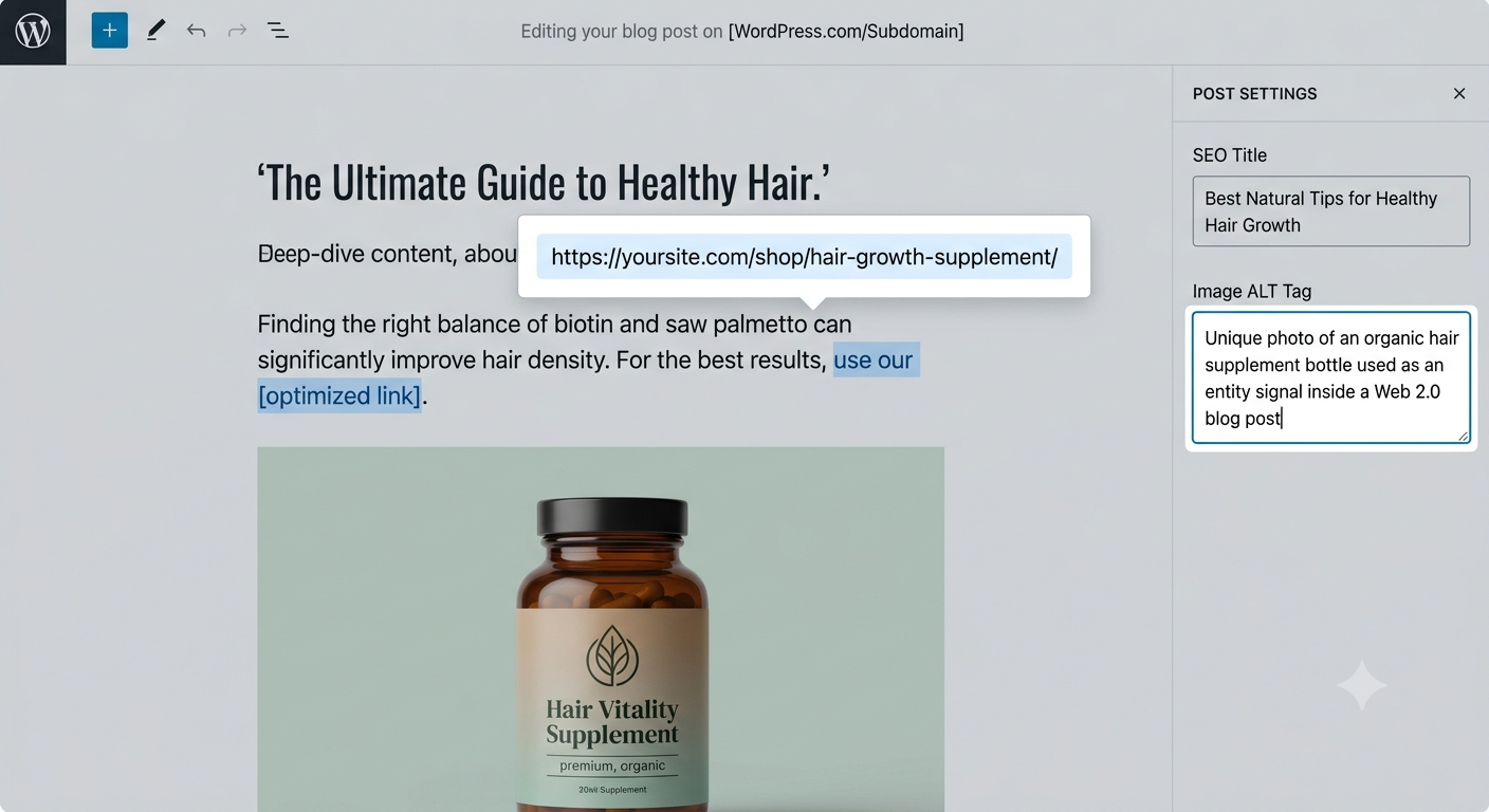 Visualization of a unique high-depth web 2.0 blog post about supplements that naturally embeds a product link, used to demonstrate semantic entity matching for e-commerce SEO.