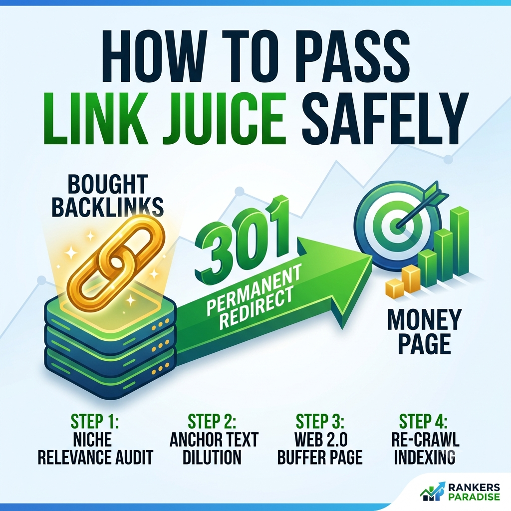how to pass link juice through 301 redirected bought backlinks infographic