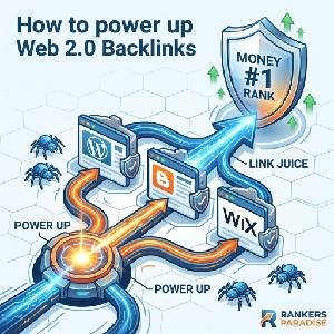 A 300x300 square infographic in blue and orange Rankers Paradise style showing a powerful energy node labeled 'POWER UP' channeling intense link juice and data streams into a cluster of fortified Web 2.0 blog properties (WordPress, Blogger, Wix). A massive blue beam of filtered ranking power then ascends to a large shield icon (labeled 'MONEY SITE #1 RANK') signifying safe, successful tiered link building. Stylized Google Bot spiders swarm near the powered-up properties, referencing successful indexing.
