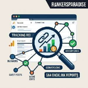 A square diagram showing the workflow for tracking bought backlinks in a Google Analytics 4 interface, featuring the Rankers Paradise logo