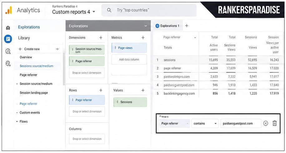 google-analytics-4-explorations-screen-setup-showing-dimensions-in-the-rows-section-and-sessions-in-the-values-columns-for-custom-referral-tracking