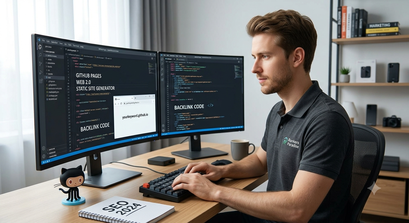 A digital marketer setting up a GitHub Pages repository for SEO backlinks, following the Rankers Paradise strategy.