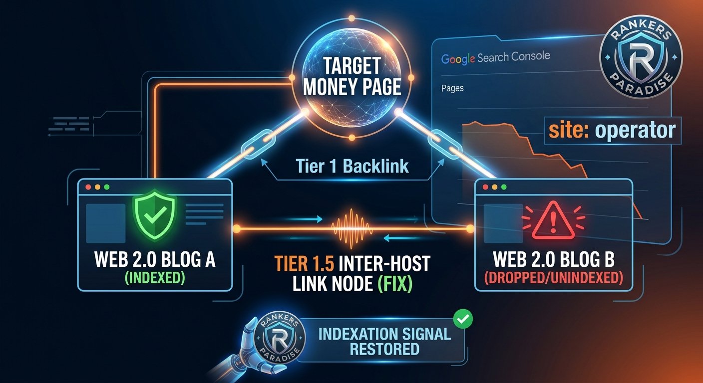 A technical SEO diagram infographic illustrating the dynamic flow of how to use web 2.0 backlinks for indexing via a Tier 1.5 link node structure, following the Rankers Paradise protocol.