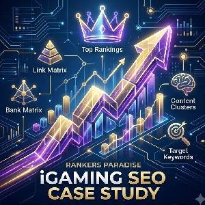 iGaming SEO case study thumbnail showing upward growth arrow and crown symbol indicating search engine dominance
