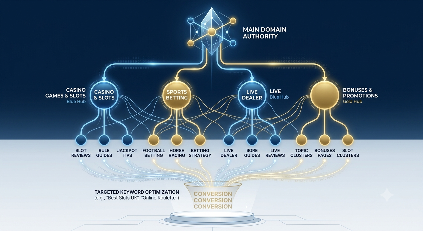 iGaming SEO topic cluster diagram showing internal linking structure for casino keywords