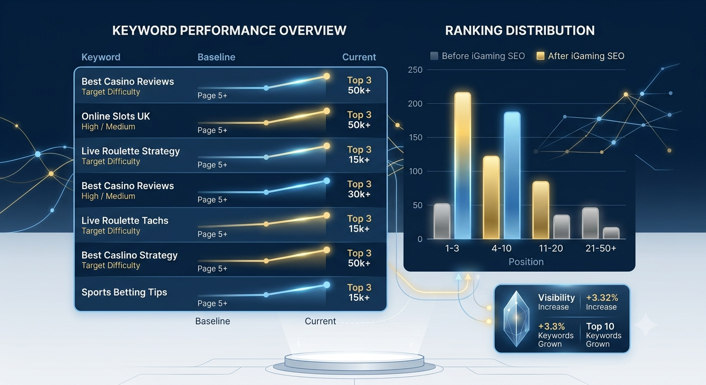 Keyword rank tracking chart showing top 3 ranking positions achieved through iGaming SEO