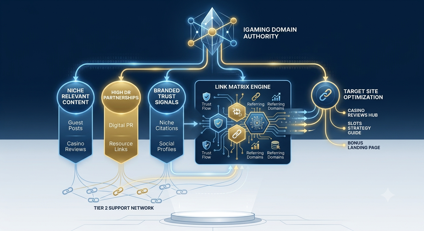 Tiered link building matrix for iGaming SEO showing high domain authority contextual backlinks