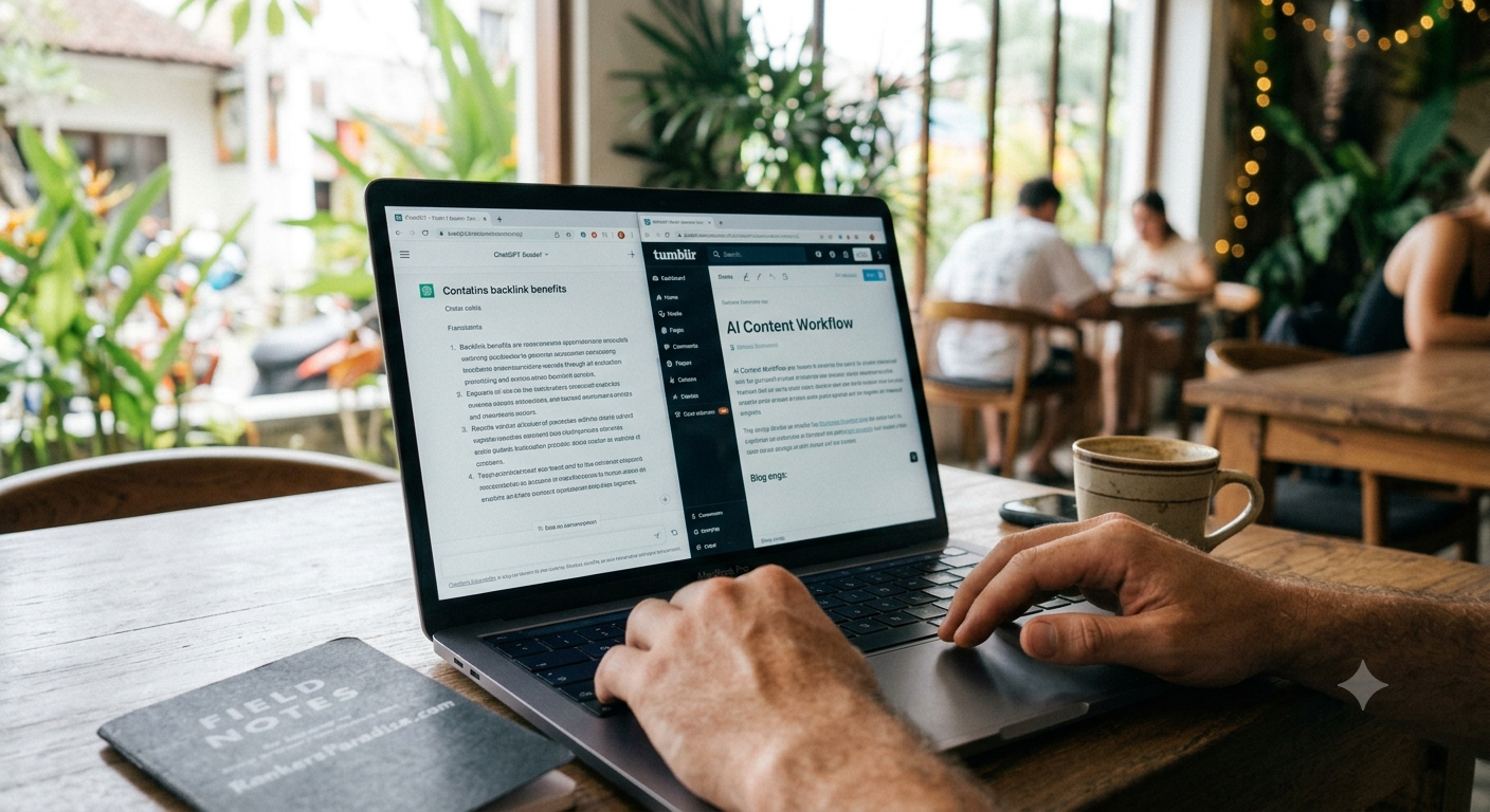 A macro photograph focusing on an SEO specialist's hands in a sun-drenched café, actively submitting a Web 2.0 RSS feed to a fast-indexing tool on a laptop screen, with lush plants in the background.
