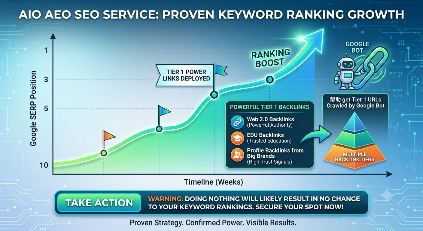 Infographic chart showing Google SERP ranking improvements from AIO AEO SEO service using 3-tier backlinks and Google bot crawling