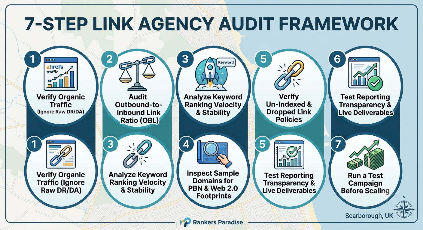 An infographic titled '7-STEP LINK AGENCY AUDIT FRAMEWORK' detailing seven sequential steps to vet a link building vendor, including checking organic traffic, OBL ratios, keyword stability, and PBN footprints.