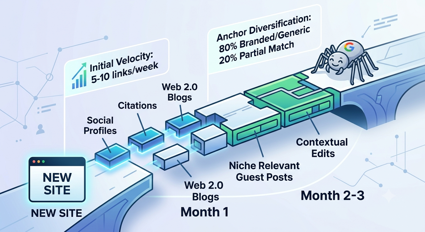 An infographic illustrating the 3-phase backlink strategy for new domains. It starts in Month 1 with low velocity 'pillow links' (socials, citations) built with branded anchors, then moves in Month 2-3 to building topical relevance using diversified guest posts and niche edits. The final phase (Month 3+) introduces high-power, targeted anchors for a final ranking push, while a stylized Google bot spider observes the process from a distance.