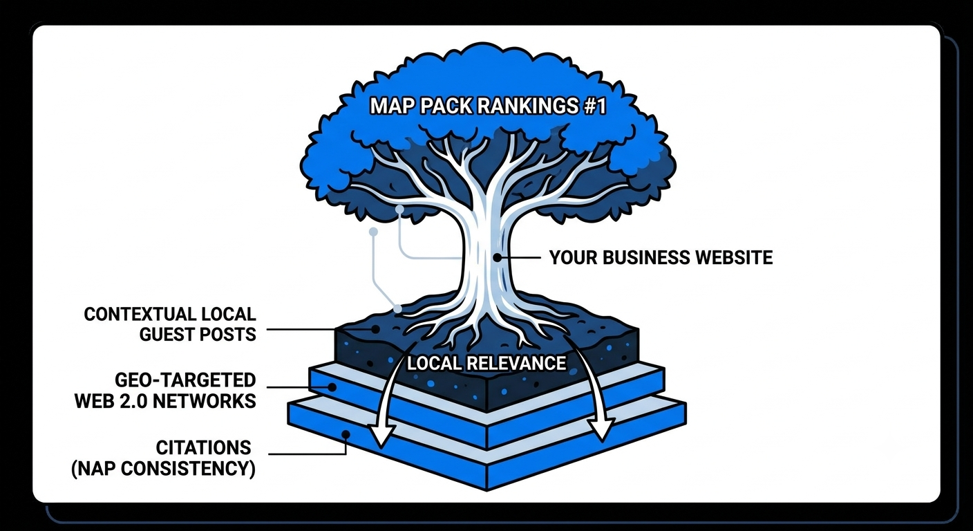 An infographic styled as a tree, where the roots represent different localized backlink sources (Citations, Web 2.0, Guest Posts) that nourish the trunk (the Business Website) to achieve #1 map rankings.
