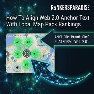 Square 300x300 featured image for the Rankers Paradise blog post 'How To Align Web 2.0 Anchor Text With Local Map Pack Rankings', showing a localized map with green '#1' rank bubbles and a blue graphic arrow indicating the flow of localized anchors from Web 2.0 platforms.