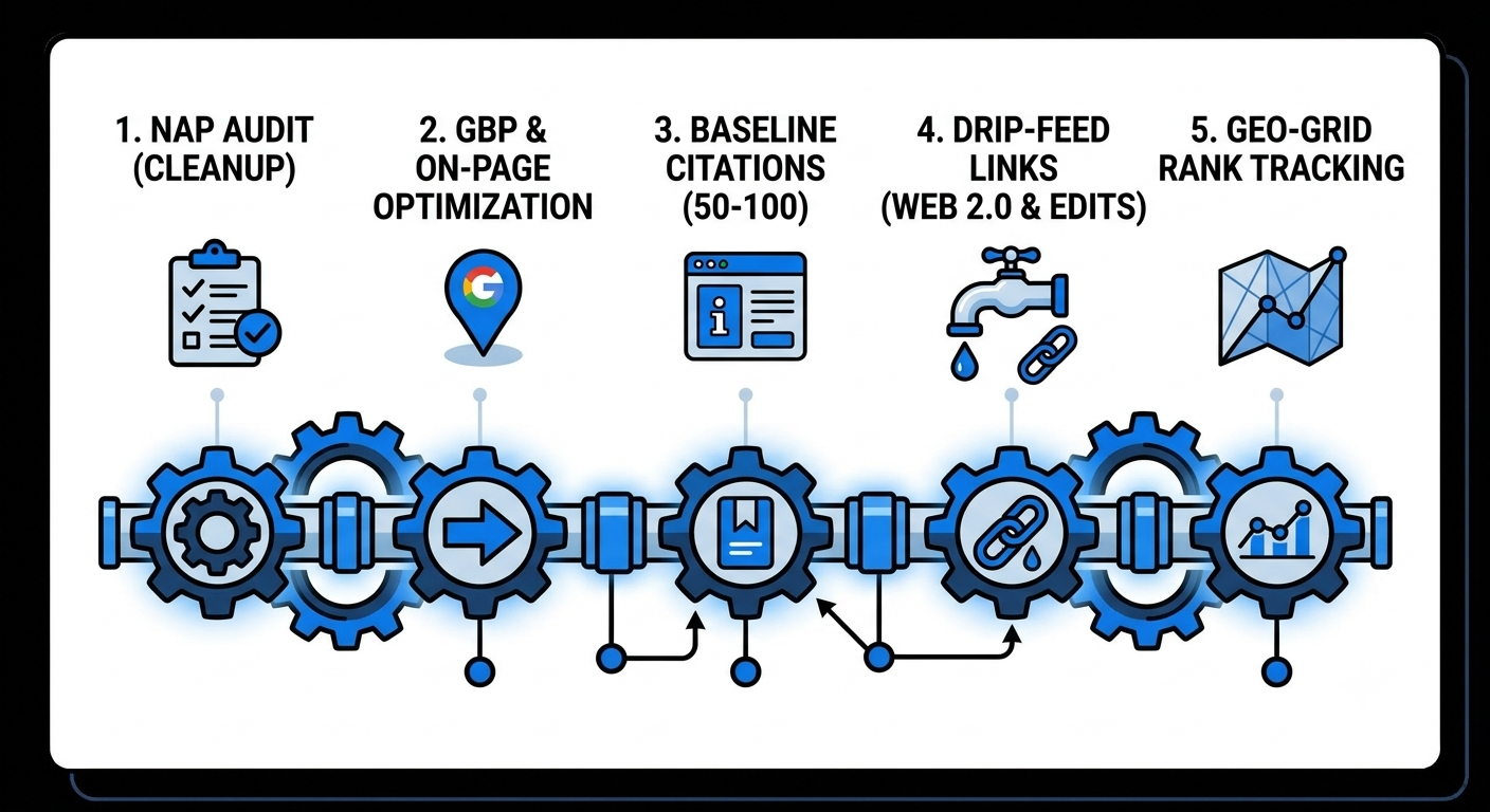 A horizontal flowchart in the Rankers Paradise style (blue and black) illustrating the step-by-step process: NAP Audit, GBP Optimization, Citations, Drip-Feeding Links, and Rank Tracking.