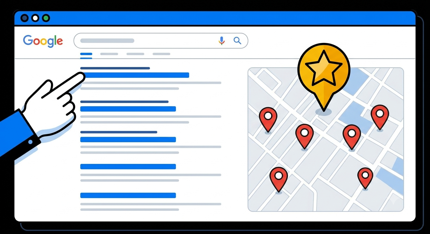 A graphic comparing standard Google organic search results (left) with the Google Local Map Pack (right), highlighting the difference in visibility.