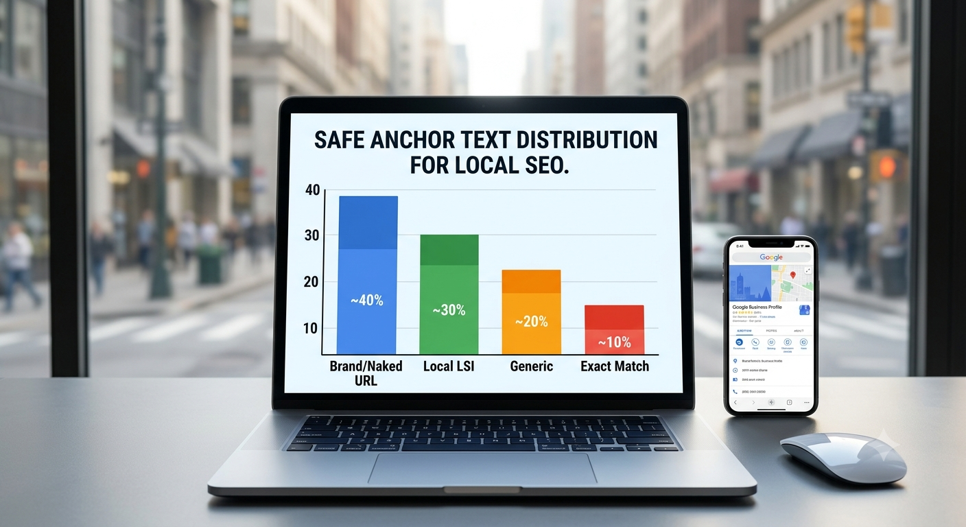 A stacked bar chart displayed on a laptop screen showing the safe anchor text distribution for local SEO using Web 2.0s, as outlined in the Local Web 2.0 SEO Framework