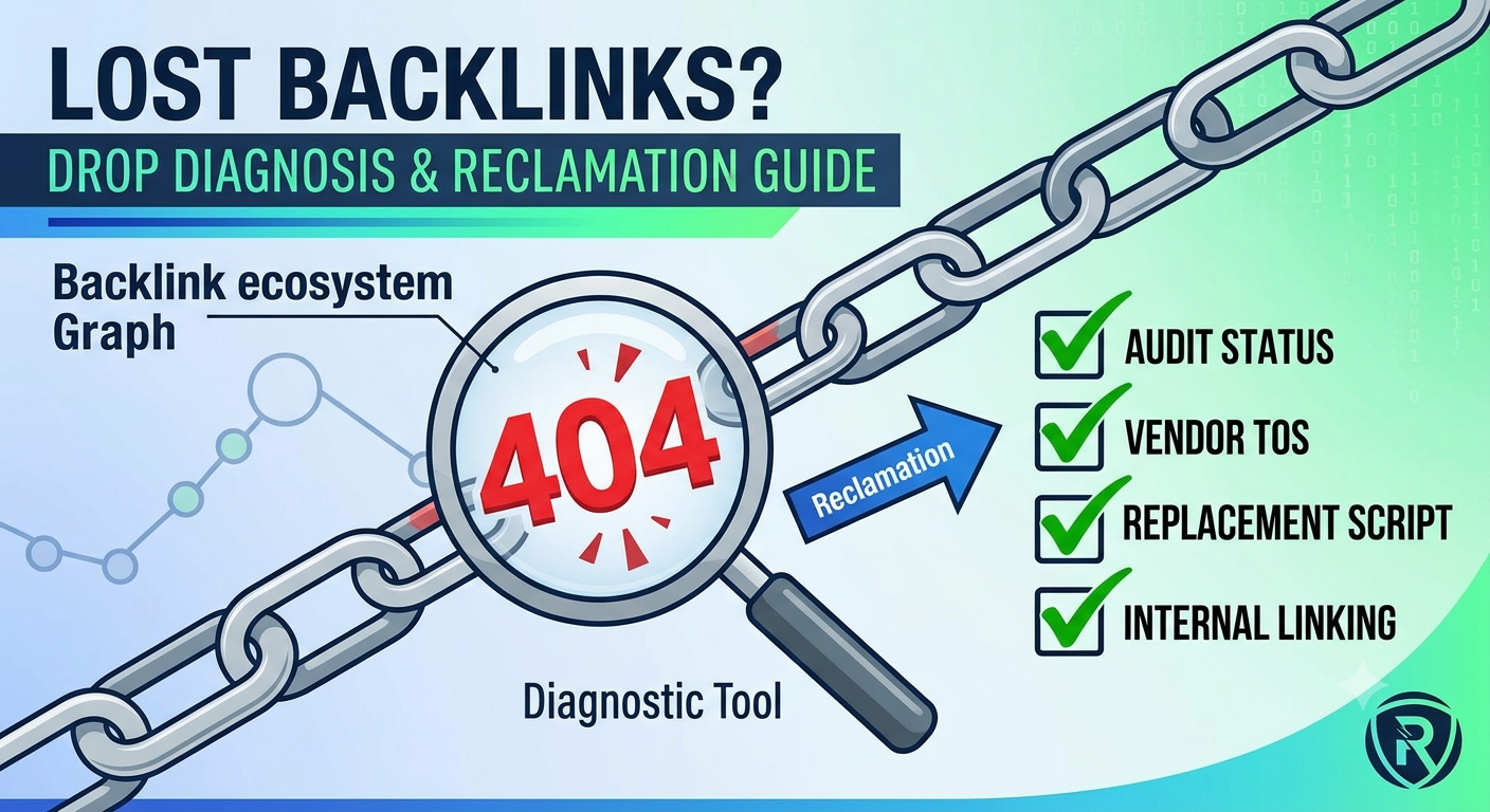 An infographic diagram for Rankers Paradise showing how to diagnose a broken backlink chain using an audit checklist.