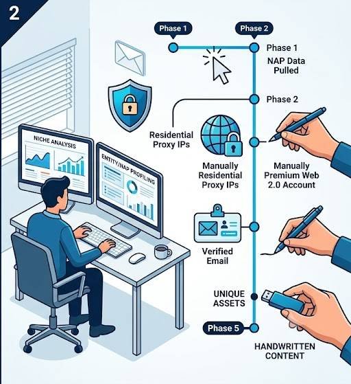 An illustrative workflow showing the manual steps of our link wheel service, including residential proxy setup, unique entity profiling, handwritten content deployment, and verified account registration.