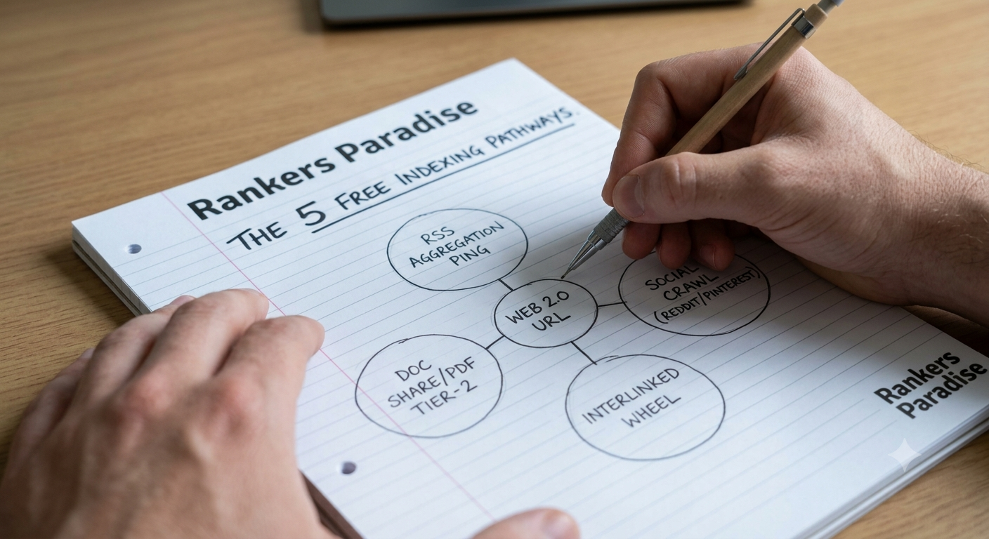 A detailed close-up photograph showing a hand (matching image_0.png) drawing a diagram in the Rankers Paradise notebook (matching image_0.png). It uses a pencil to map four free indexing methods—'RSS PING,' 'SOCIAL SIGNAL,' 'LINK WHEEL,' and 'DOC SHARE'—connected by arrows to a central 'WEB 2.0 URL.'