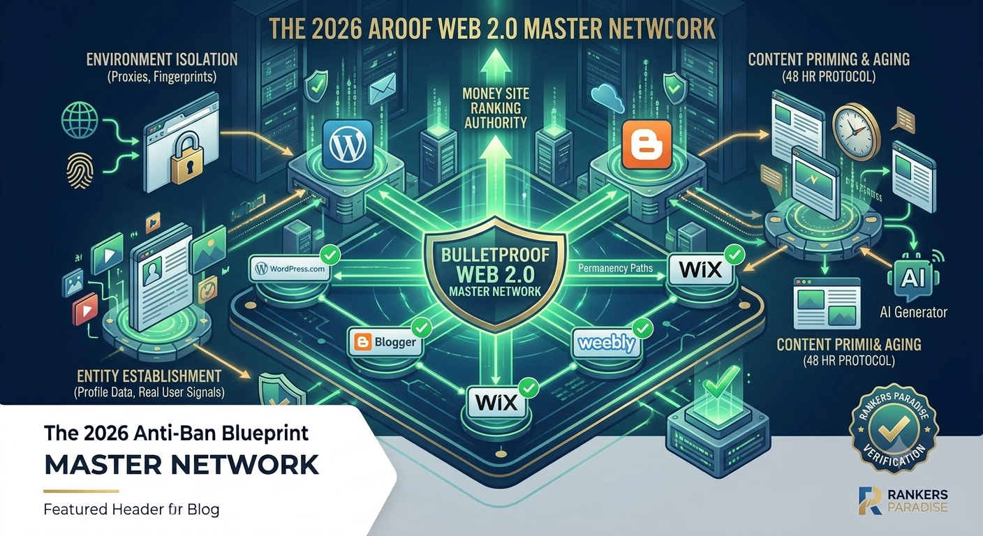 Conceptual infographic visualizing the ultimate result of optimized Web 2.0 and aged domain networks: global organic ranking dominance and page one visibility in 2026.