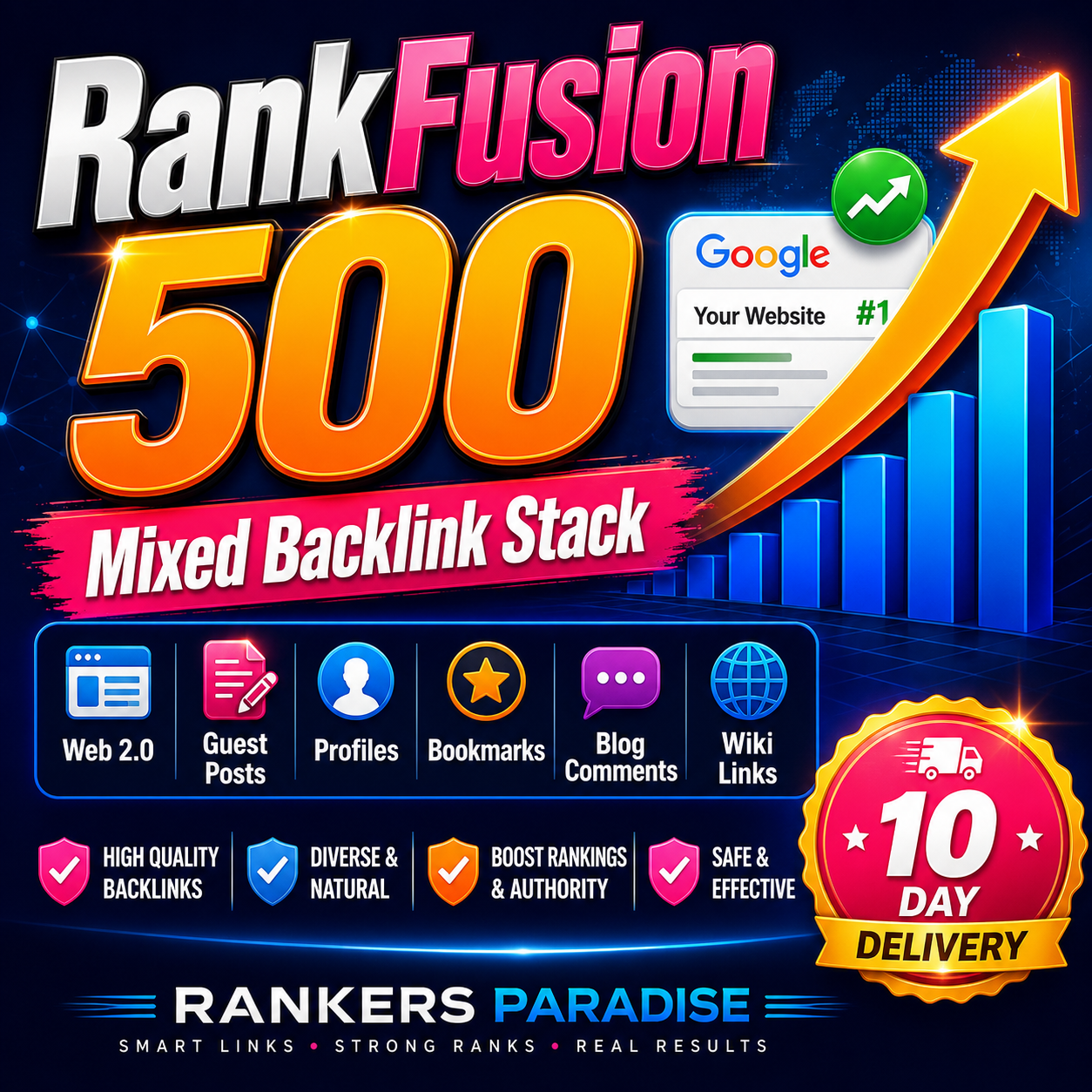 Mixed SEO backlink stack service with Web 2.0 backlinks, guest posts, profile links, bookmarks, blog comments, Wiki links and 10 day delivery