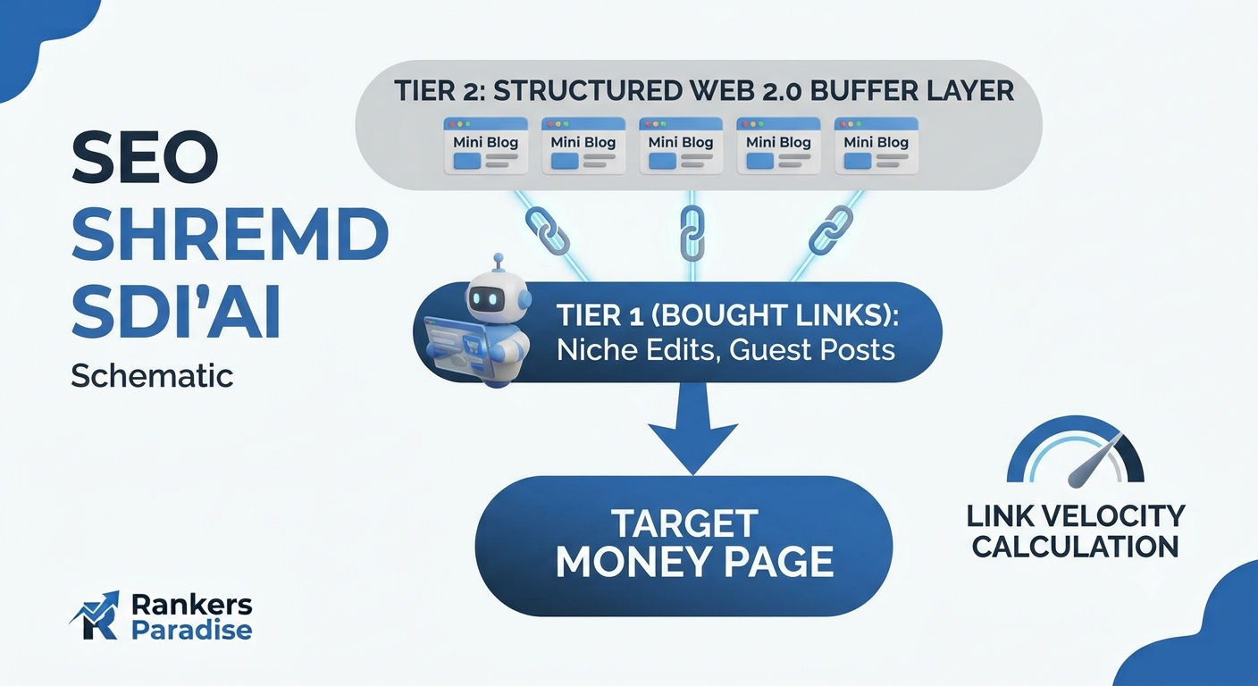 A technical SEO schematic diagram illustrating a multi-tier backlink structure. Tier 2 Web 2.0 sites link to Tier 1 Bought Links, which point to the Target Money Page for AI optimization.