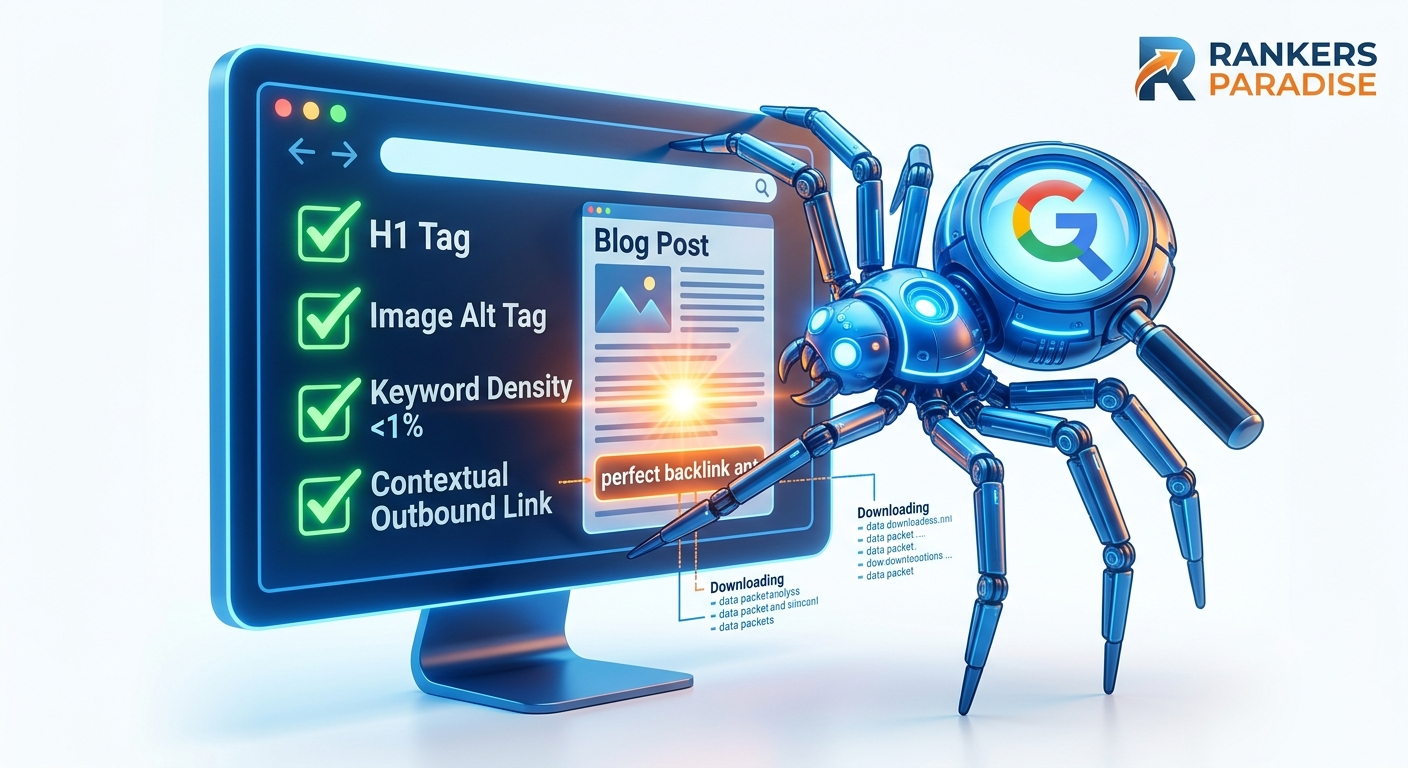 A dynamic 3D illustration in Rankers Paradise colors, showing a metallic mechanical Google Bot spider intensely scanning a computer screen. The screen displays an SEO checklist with items like H1 tag, Image ALT tag, keyword density, and anchor text having glowing green checkmarks, signifying a perfectly optimized Web 2.0 blog post ready to pass ranking juice.