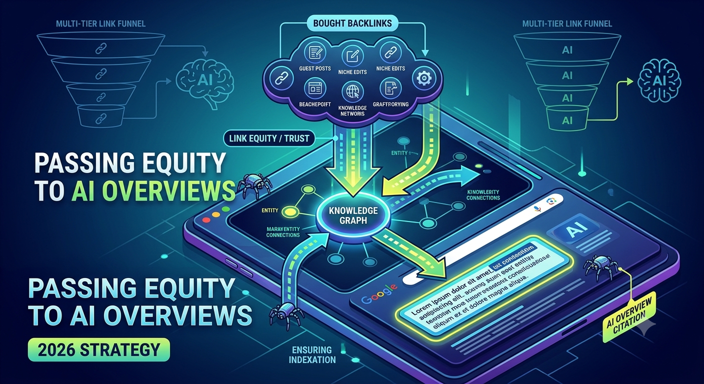 Infographic showing link equity flowing from bought backlinks into Google AI Overviews and the Knowledge Graph for a citation.