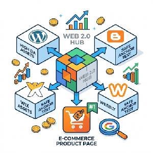 A square featured image infographic showing how to link Web 2.0 to e-commerce product pages using safe anchor text distribution to achieve a #1 ranking fast.