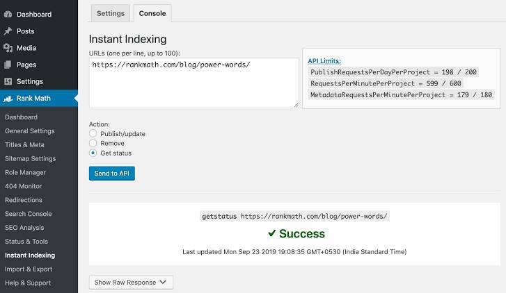 Close-up interface of the Rank Math Instant Indexing API in WordPress showing a green successful submission confirmation for the article: How to Optimize for Google AI Overviews, incorporating Rankers Paradise branding.