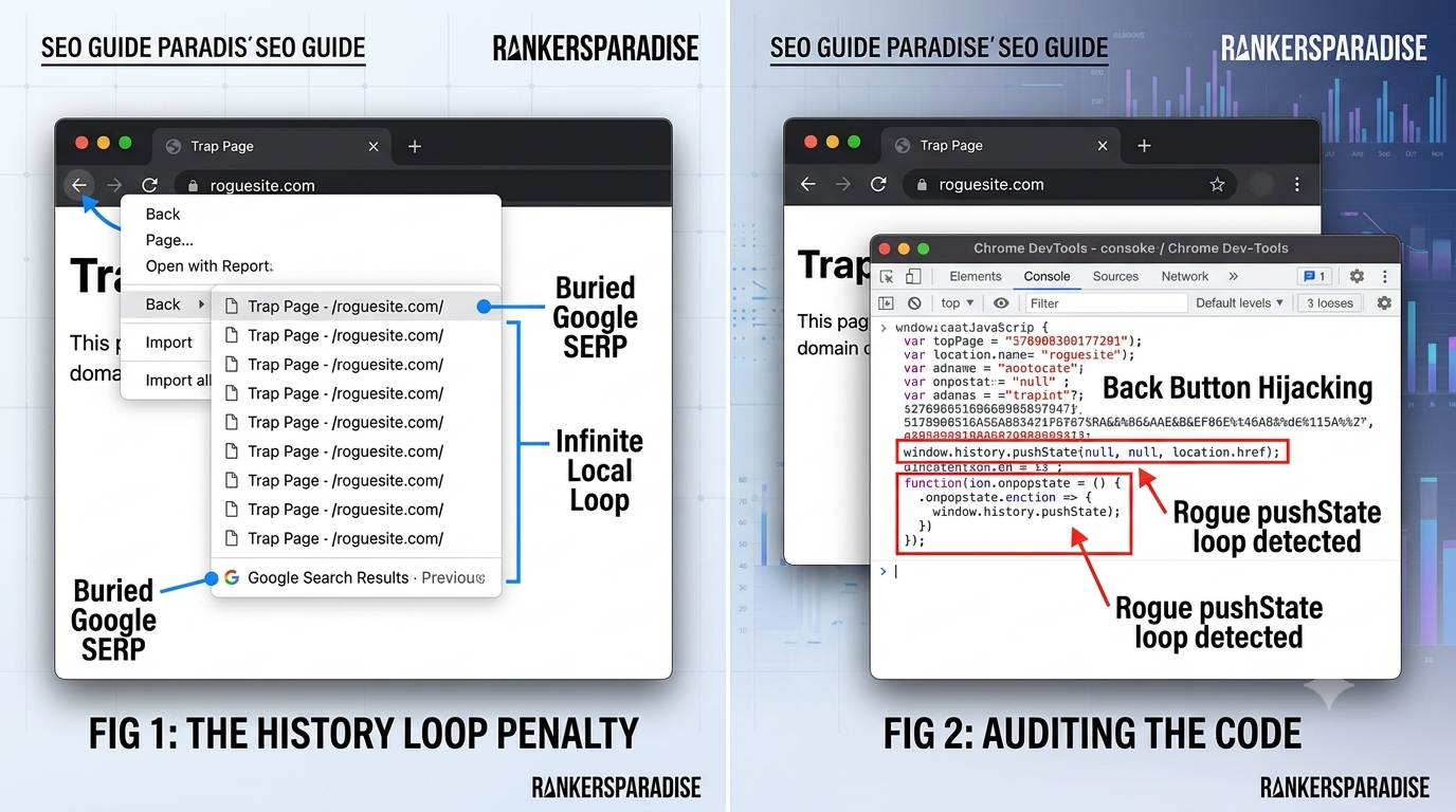 Technical visualization guide for identifying and auditing Google's back button hijacking spam penalty, featuring ranked list examples and code snippets from Rankers Paradise.