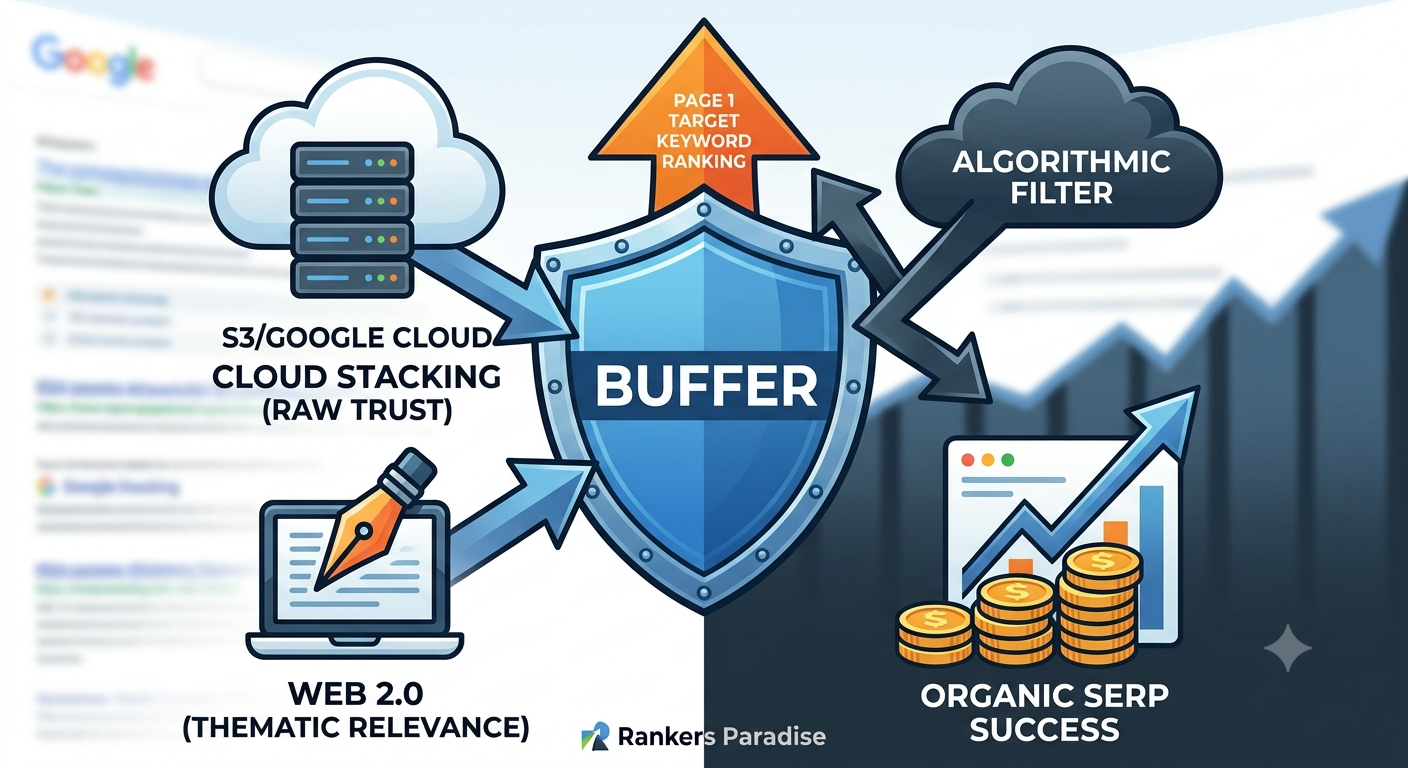 Ranking shield infographic showing Web 2.0 thematic relevance and Cloud Stacking raw trust flow.