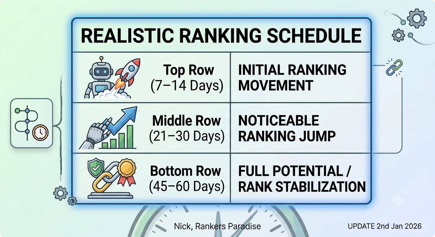 A 300x300 square summary graphic featuring a robot on a rocket, an upward-pointing arrow on a graph, and a shield with a gold medal, representing the SEO timeline.