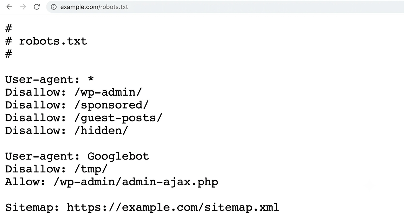 A browser screenshot of a robots.txt file showing rules that disallow Googlebot from crawling specific directories like /sponsored/ and /guest-posts/.