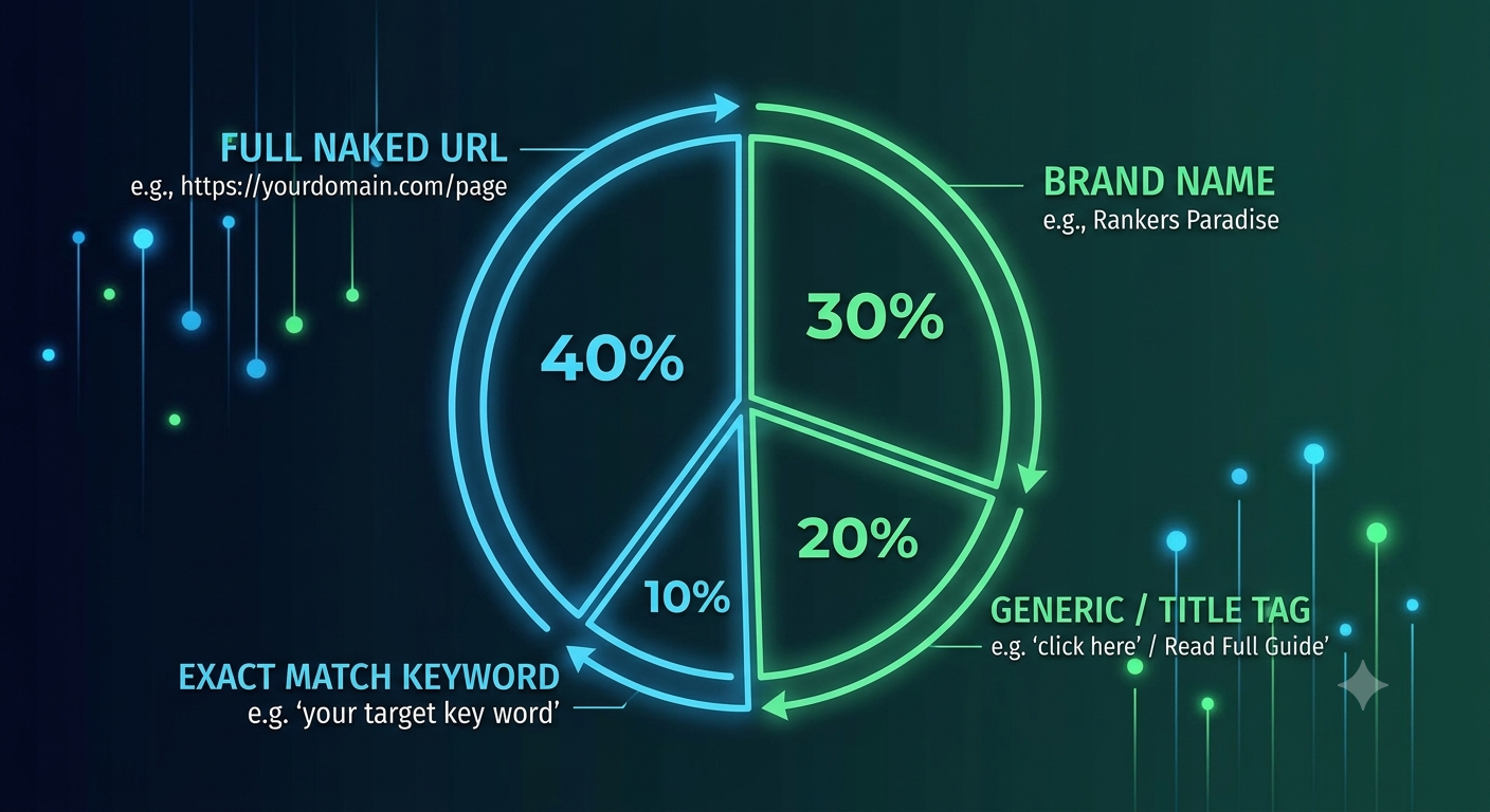A technical SEO diagram illustrating optimal anchor text distribution in a circular flow, using glowing blue and green data visuals. It shows 40% Naked URL, 30% Brand, 20% Generic, and 10% Exact Match Keyword.