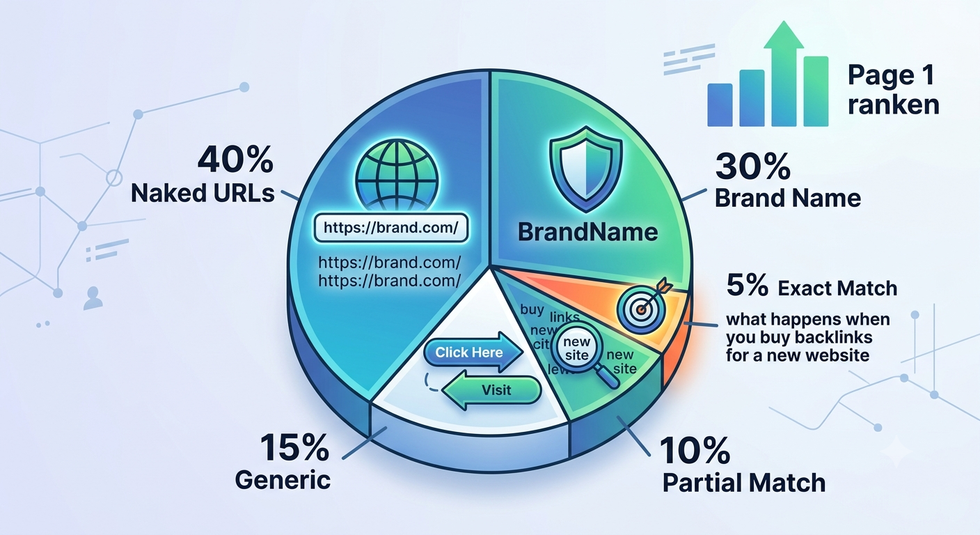 An illustrated infographic showing a safe anchor text distribution for a website under 6 months old. The main pie chart breaks down the ratios: 40% Naked URLs, 30% Brand Name, 15% Generic, 10% Partial Match, and only 5% Exact Match, visualized with distinct glowing icons for each segment and network nodes pointing to a Page 1 ranking.