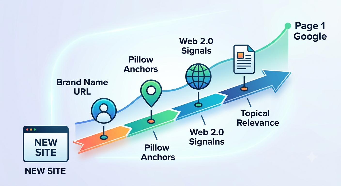 An illustrative infographic showing a safe backlink roadmap for a new domain, starting with foundational pillow links (Web 2.0, social profiles) and smoothly ramping up to powerful contextual guest posts and niche edits to achieve a Page 1 Google ranking, following a natural link velocity.