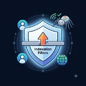 A 300x300 square featured image infographic for an SEO blog post. The image features a simplified, glowing blue shield icon at the center with a vibrant orange arrow pointing directly upward through a horizontal 'Indexation Filters' bar. It is surrounded by stylized icons of foundational backlinks: a social media network symbol and a Web 2.0 globe, while a distant, non-intrusive Google bot spider observes with a green 'check' signal. The design uses tech-blue, green, and orange colors against a dark digital background.