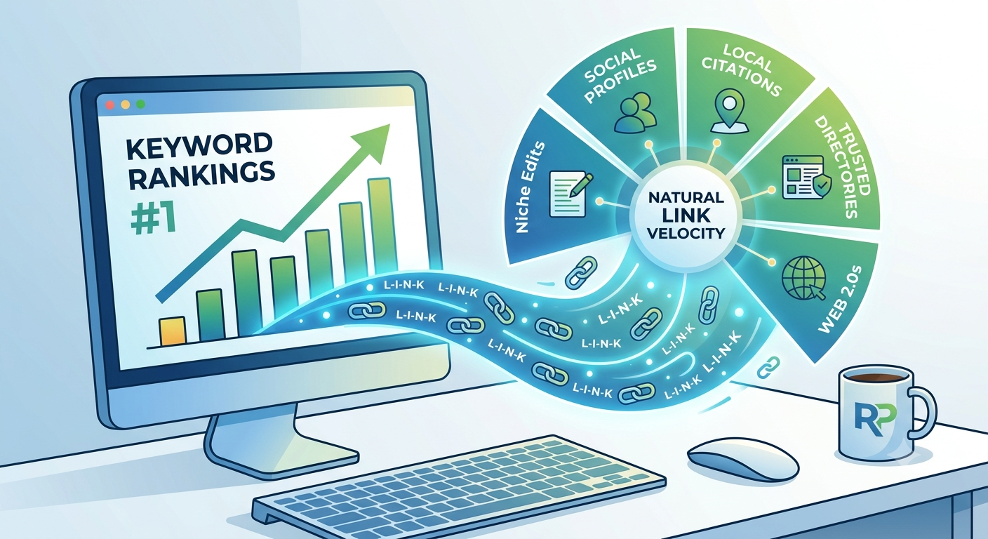 Natural link velocity strategy for new website rankings SEO.