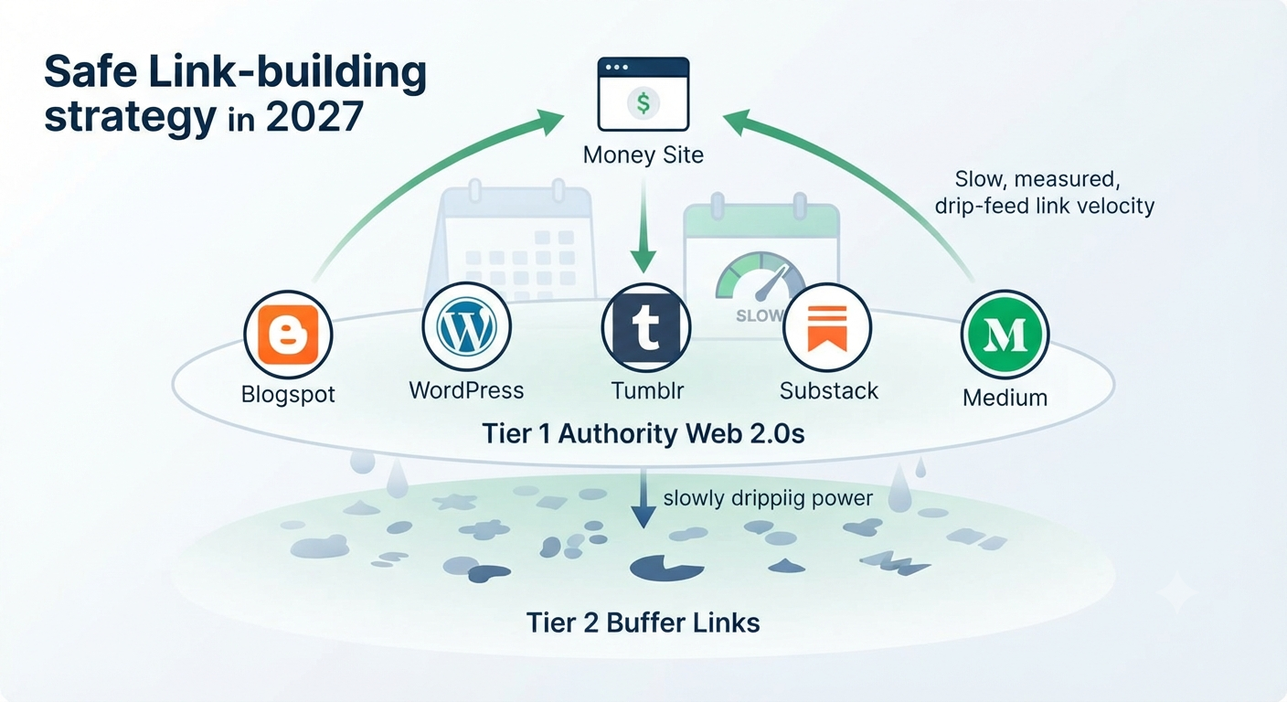 An infographic showing a measured, drip-feed link velocity from diverse Tier 1 Web 2.0 properties (WordPress, Medium, etc.) to a central money site.