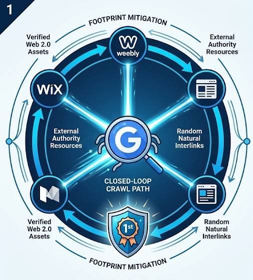 A professional diagram illustrating a modified Web 2.0 link wheel using non-reciprocal loops, external authority links, and random interlinks to force deep crawling while preventing footprint detection.